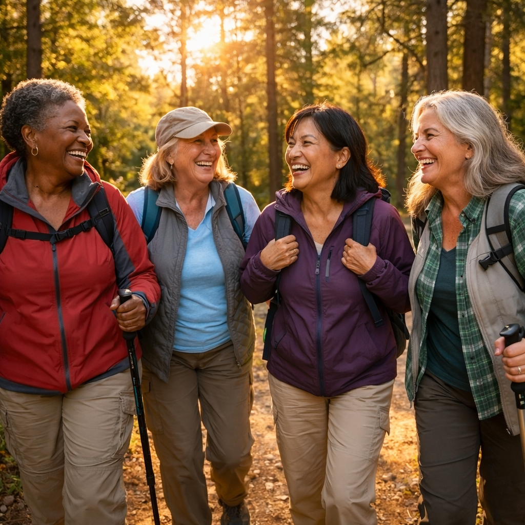 A group of four diverse women over 55 hiking together on a scenic forest trail, laughing and chatting, wearing comfortable outdoor gear, dappled sunlight filtering through trees, shot with wide-angle lens, golden hour lighting, natural candid moment, photo style