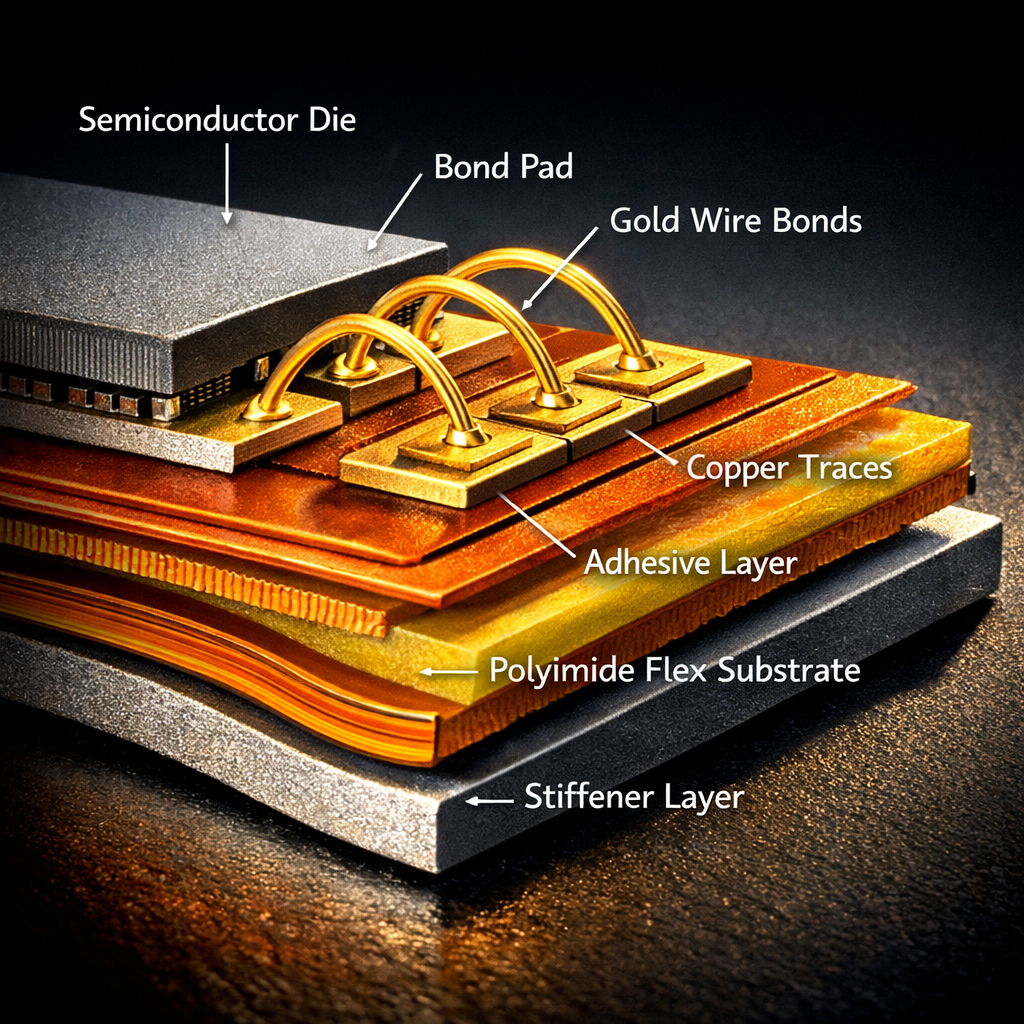 A detailed cross-sectional technical illustration showing wire bonding on a flexible PCB substrate. The image shows gold wire bonds connecting a semiconductor die to bond pads on a polyimide flex circuit, with visible layers including the copper traces, adhesive layer, and supporting stiffener beneath the bonding area. The illustration uses a cutaway view to reveal the internal layer stack-up, with labels indicating key components. Professional technical drawing style with precise detail, shot in high resolution with dramatic side lighting to emphasize the three-dimensional structure and material layers.