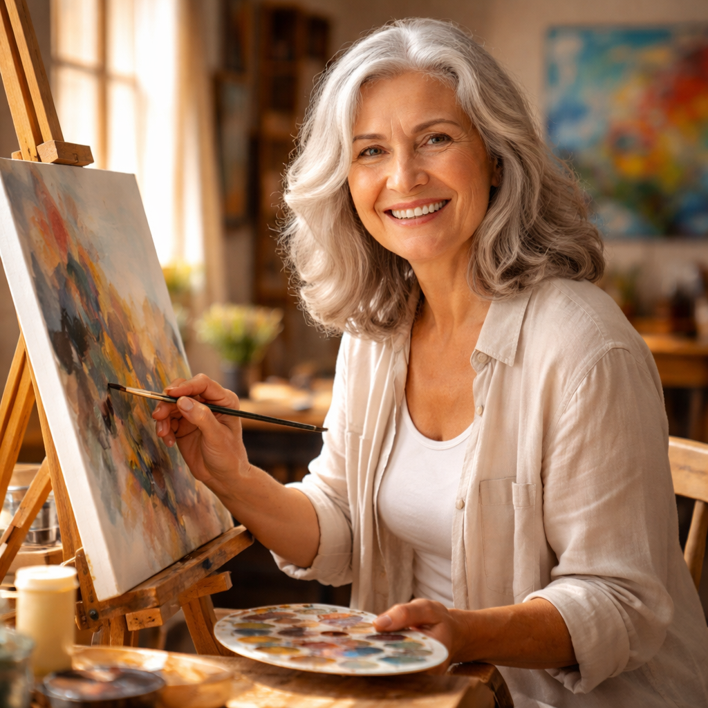 A vibrant photo of a woman in her 60s with silver hair, smiling warmly while painting at an easel in a sunlit studio, surrounded by colorful canvases and art supplies, shot with 50mm lens, f/2.8, natural window lighting, warm tones, photo style