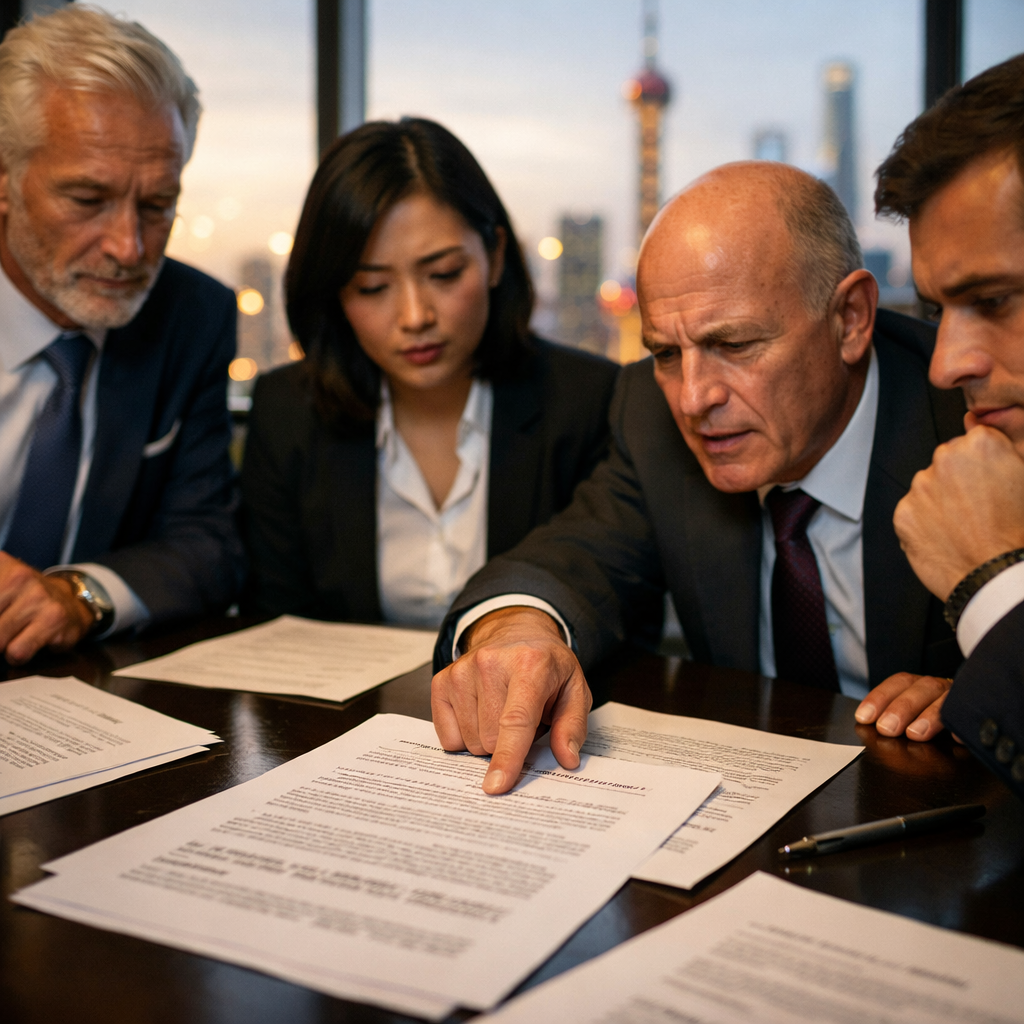 A high-stakes business meeting scene in a modern Shanghai office, photo style, shot with 35mm lens at f/2.8. A diverse group of international business executives examining contract documents spread across a sleek conference table, with one person pointing at specific clauses with concern. Through floor-to-ceiling windows behind them, the Shanghai skyline is visible but softly blurred with bokeh effect. Dramatic natural lighting from the windows creates a sense of urgency and gravity. The documents on the table show English and Chinese text. Shot with Canon EOS R5, shallow depth of field focusing on the worried expressions and gestures, high contrast, corporate atmosphere, golden hour lighting filtering through the windows.