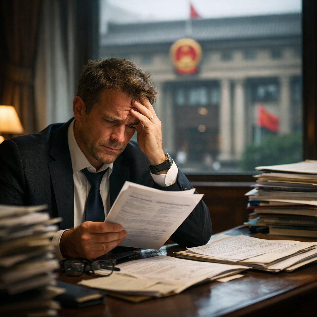 A dramatic courtroom scene showing a distressed European businessman reviewing documents with concerned expression, surrounded by stacks of legal papers and contracts, with a Chinese court building visible through the window in the background. The lighting is dim and moody, creating tension. Shot with 50mm lens, f/2.8, shallow depth of field, cinematic lighting, photo style.