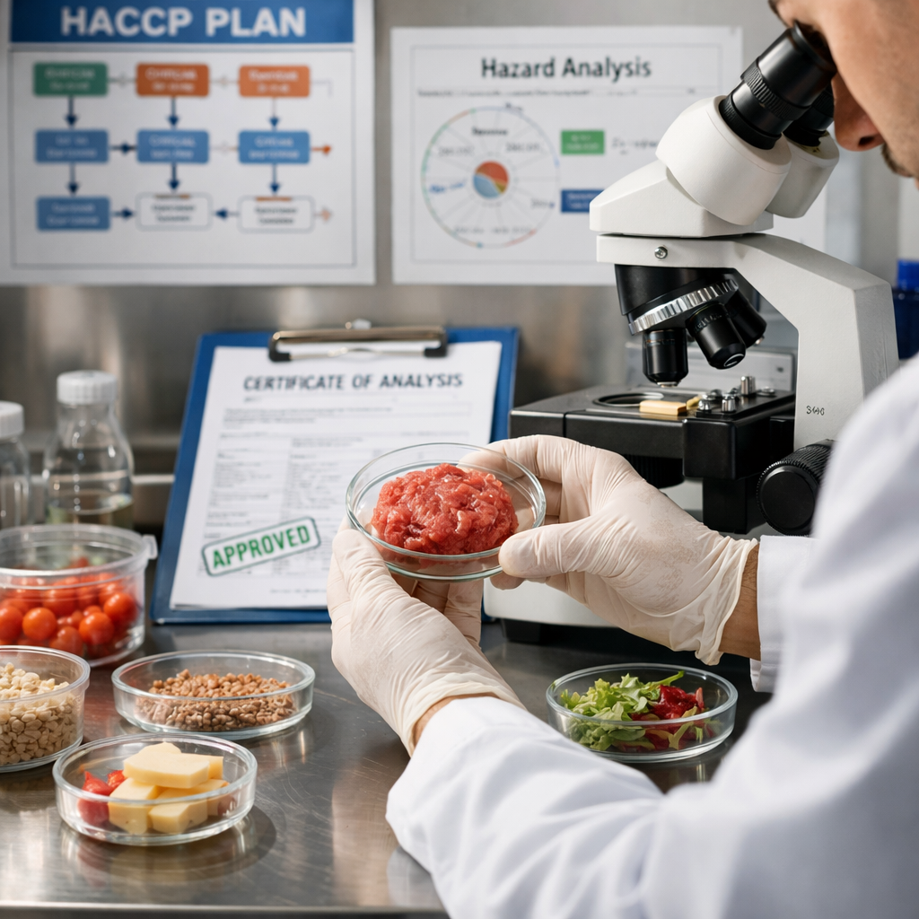 Close-up view of a modern food safety laboratory, scientist in white coat examining product samples under professional lighting, testing equipment and certification documents visible on stainless steel workspace, HACCP compliance charts on wall in background, shot with 50mm lens, f/2.8, photo style, clean professional lighting, shallow depth of field focusing on hands and samples