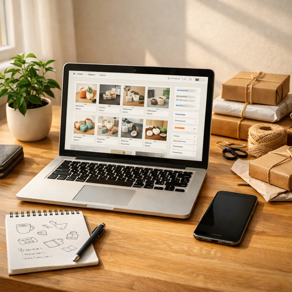 A photo-style image showing a modern, minimalist home office setup of a retiree entrepreneur, shot with natural lighting from a nearby window. The scene includes a laptop displaying an online marketplace interface (Etsy or Shopify-like design without specific text), a smartphone, and neatly arranged products ready to ship - perhaps wrapped handmade items or small craft products in the background. Shot with a 35mm lens to capture both the technology and the personal touches. Warm morning light, clean desk surface, a small plant for life, and perhaps a handwritten notepad with simple sketches or notes. The composition should convey organization, accessibility, and the blend of traditional crafts with modern e-commerce.