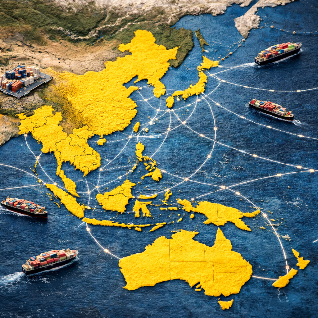 A detailed overhead view map showing the 15 RCEP member countries highlighted across Asia-Pacific region, with trade route lines connecting major ports and cities from Japan to New Zealand, featuring shipping containers and cargo vessels, photo style, shot with 50mm lens, natural lighting, high detail