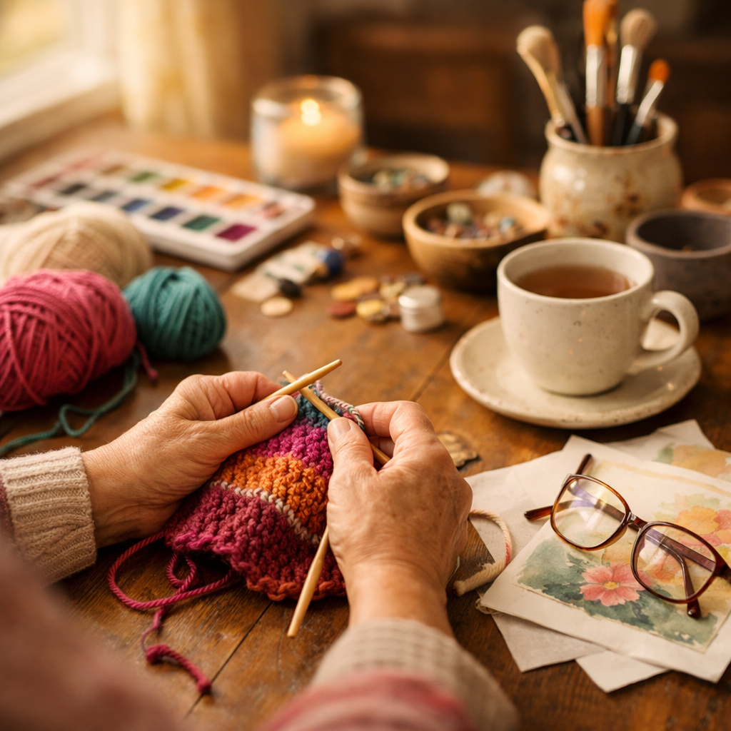 A warm and inviting photo-style image of a senior's workspace, shot with a 50mm lens at f/2.8 for shallow depth of field. The scene shows hands crafting handmade items on a wooden table - perhaps knitting needles with colorful yarn, watercolor paintings, or handmade pottery. Soft natural window lighting creates a warm, golden atmosphere. Include subtle details like reading glasses, a cup of tea, and craft supplies arranged authentically. The composition should feel cozy and aspirational, showing the joy of creative work in retirement. Capture the image from a slightly elevated angle to show the workspace naturally.