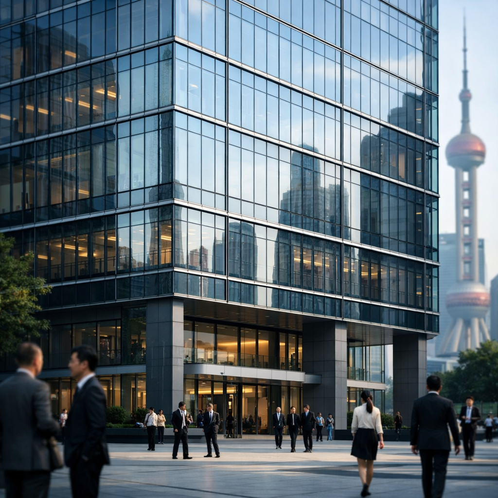 A modern glass-facade office building in Shanghai's business district, shot with 50mm lens at f/2.8, featuring clean architectural lines and professional atmosphere, natural daylight, photo style, highly detailed, business professional setting