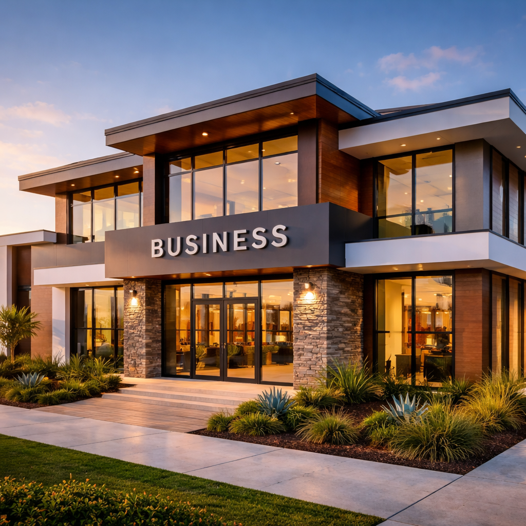 Modern Australian investment property exterior featuring contemporary residential architecture, well-maintained commercial building with clear signage indicating business use, golden hour lighting casting warm shadows, professional real estate photography style, shot with wide-angle lens, high detail, vibrant blue sky, sharp focus on building details, photo style