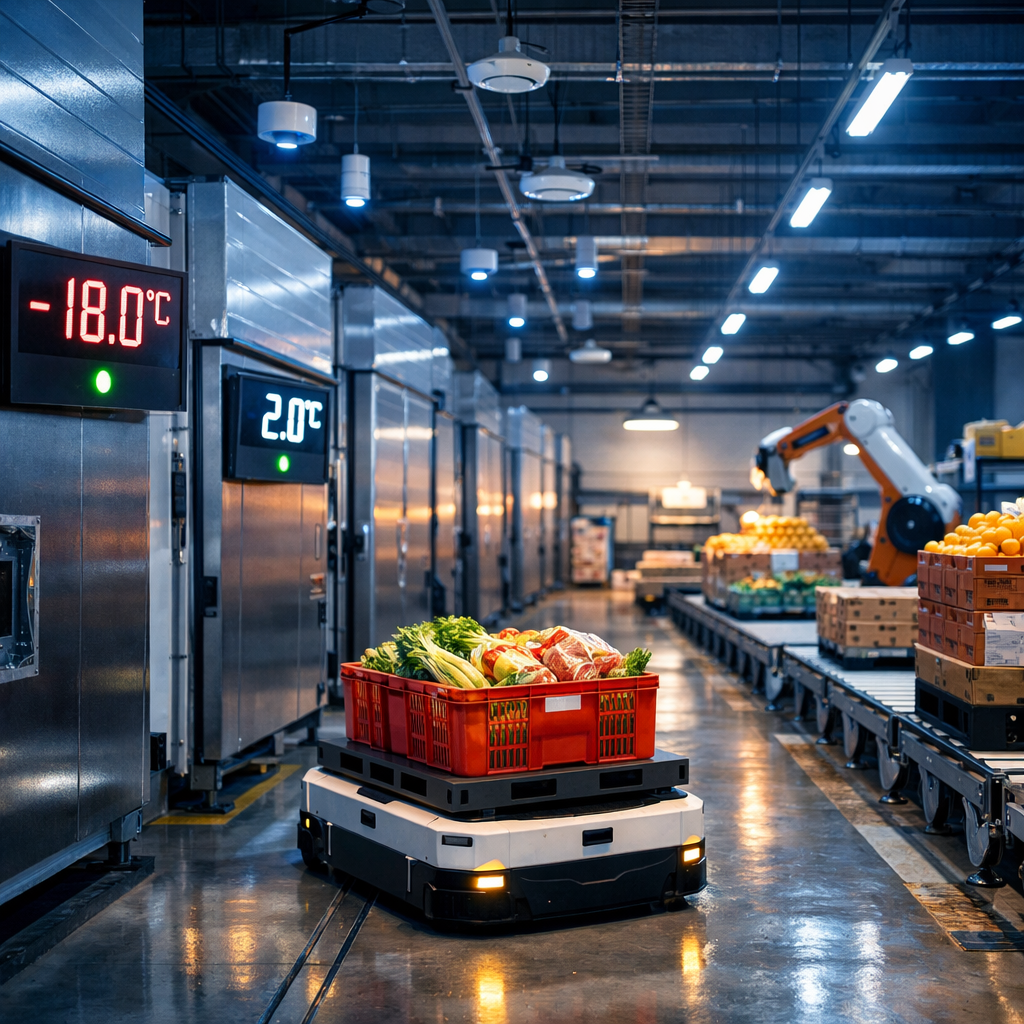 Interior of a state-of-the-art cold chain warehouse in China, featuring rows of temperature-controlled storage units with LED displays showing precise temperature readings, automated robotics moving fresh food products, IoT sensors mounted on ceiling, modern industrial lighting, shot with 35mm lens, cool blue tones mixed with warm product lighting, highly detailed, photo style