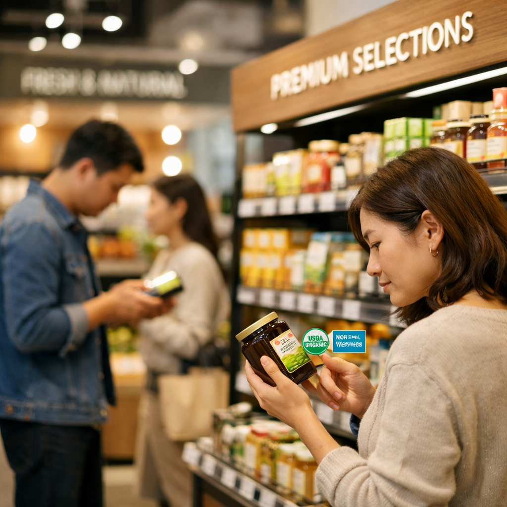 A modern Asian supermarket interior with premium food section, shoppers examining product labels with certification badges, bright natural lighting, shot with 50mm lens at f/2.8, shallow depth of field, professional retail photography, clean contemporary design, emphasis on quality food products on shelves