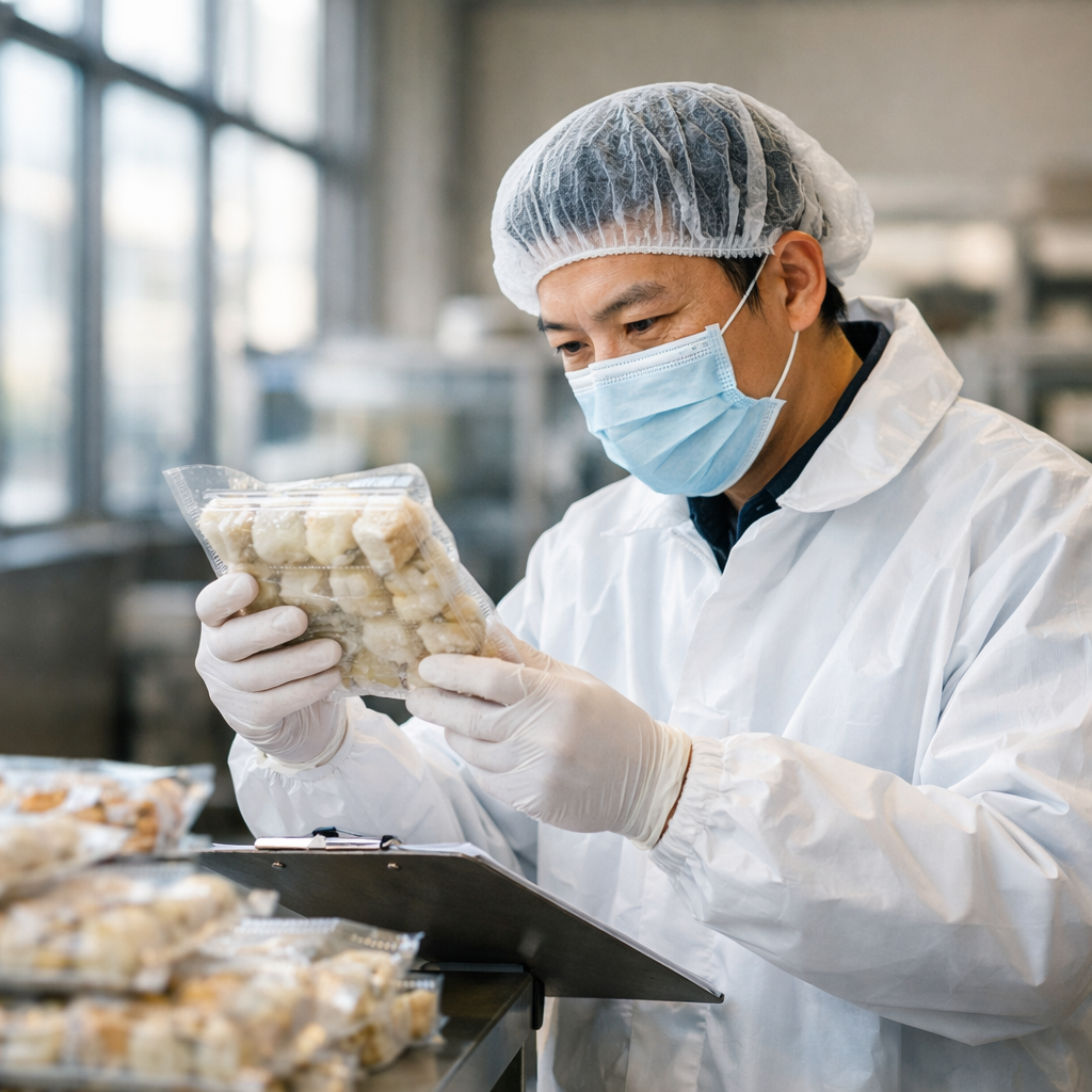 A professional food safety inspector in white protective gear and hairnet examining frozen dim sum packages in a modern Chinese food distribution facility, shot with 50mm lens, natural lighting streaming through large industrial windows, shallow depth of field focusing on the inspector's detailed examination, high-resolution DSLR photo style, clean industrial aesthetic