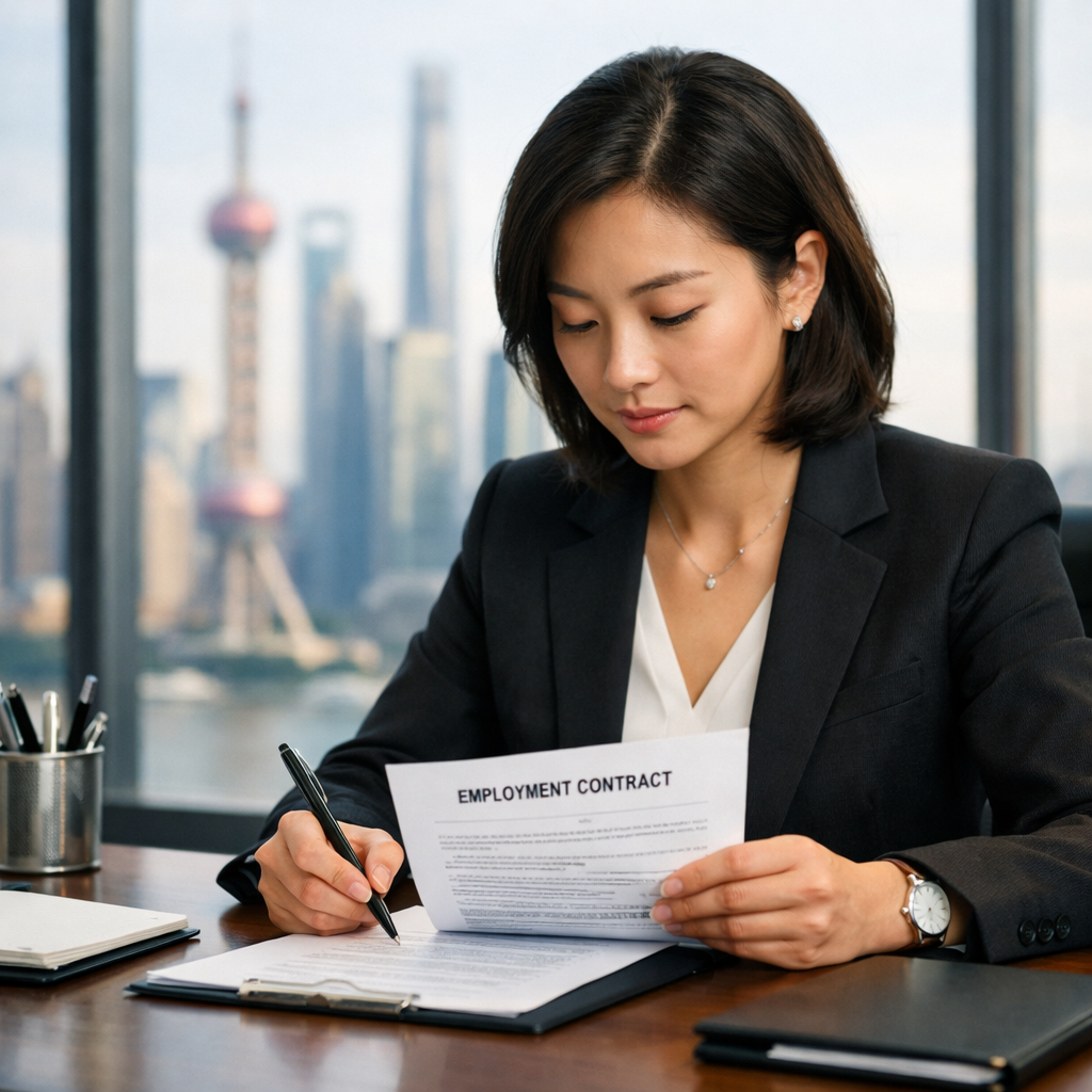 A professional Chinese businesswoman in formal attire reviewing and signing an employment contract document at a modern office desk, with a subtle view of Shanghai skyline through floor-to-ceiling windows in the background, natural office lighting, shot with 50mm lens at f/2.8, photo style, highly detailed, shallow depth of field