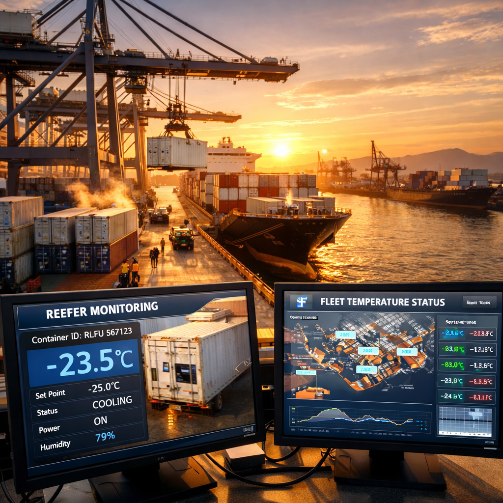 A bustling modern Asian port facility at golden hour, showing massive refrigerated shipping containers being loaded onto cargo ships, with digital tracking screens visible in the foreground displaying real-time temperature monitoring data, shot with wide-angle lens, warm sunset lighting, highly detailed, photo style