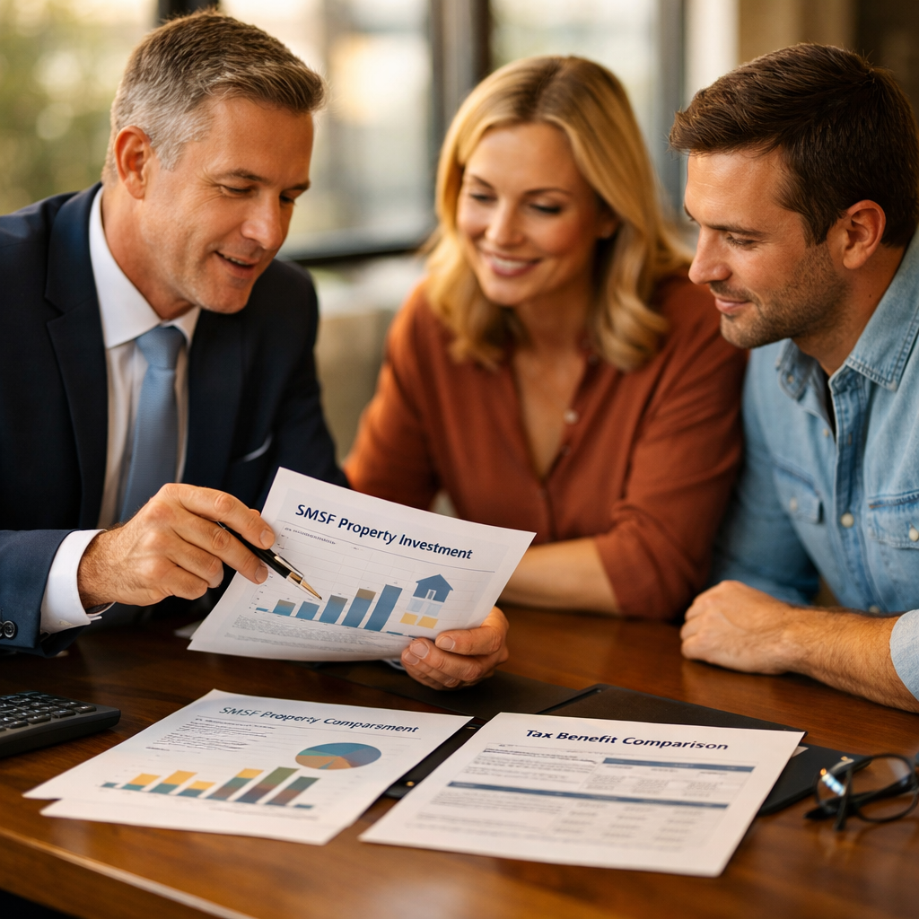A professional financial advisor reviewing property investment documents with an Australian couple in a modern office, natural lighting streaming through large windows, documents showing SMSF property investment charts and tax benefit comparisons spread across a sleek wooden desk, shot with 50mm lens, f/2.8, shallow depth of field, warm tones, business photography style