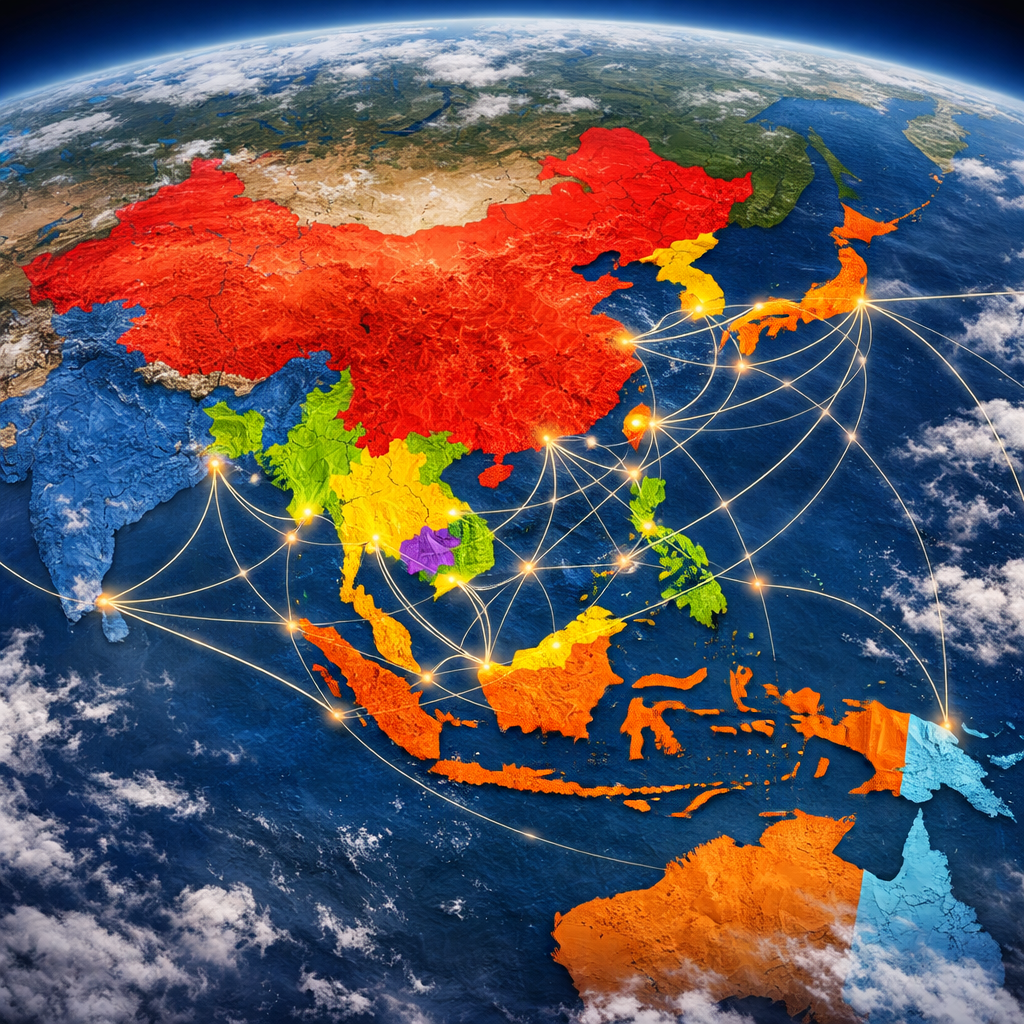 A detailed map showing the 15 RCEP member countries highlighted across the Asia-Pacific region, with trade route lines connecting major ports and cities, photo style, aerial view, high contrast with vibrant colors distinguishing different nations, shot with wide-angle lens, professional cartographic visualization