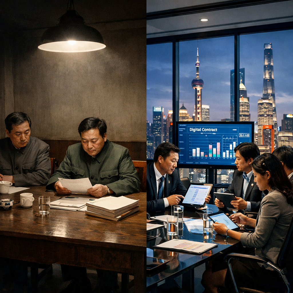 A dramatic split-screen composition showing China's economic transformation: on the left side, a 1970s scene with officials in Mao suits sitting at a sparse meeting table with basic documents, lit by dim overhead lights in a plain government office; on the right side, a modern glass-walled boardroom with diverse business people reviewing digital contracts on tablets and large screens, showing contemporary Shanghai skyline through floor-to-ceiling windows. The image should be in photo style, shot with a 35mm lens, cinematic lighting creating strong contrast between past and present, highly detailed, professional color grading emphasizing the stark transition from gray bureaucratic past to vibrant digital present