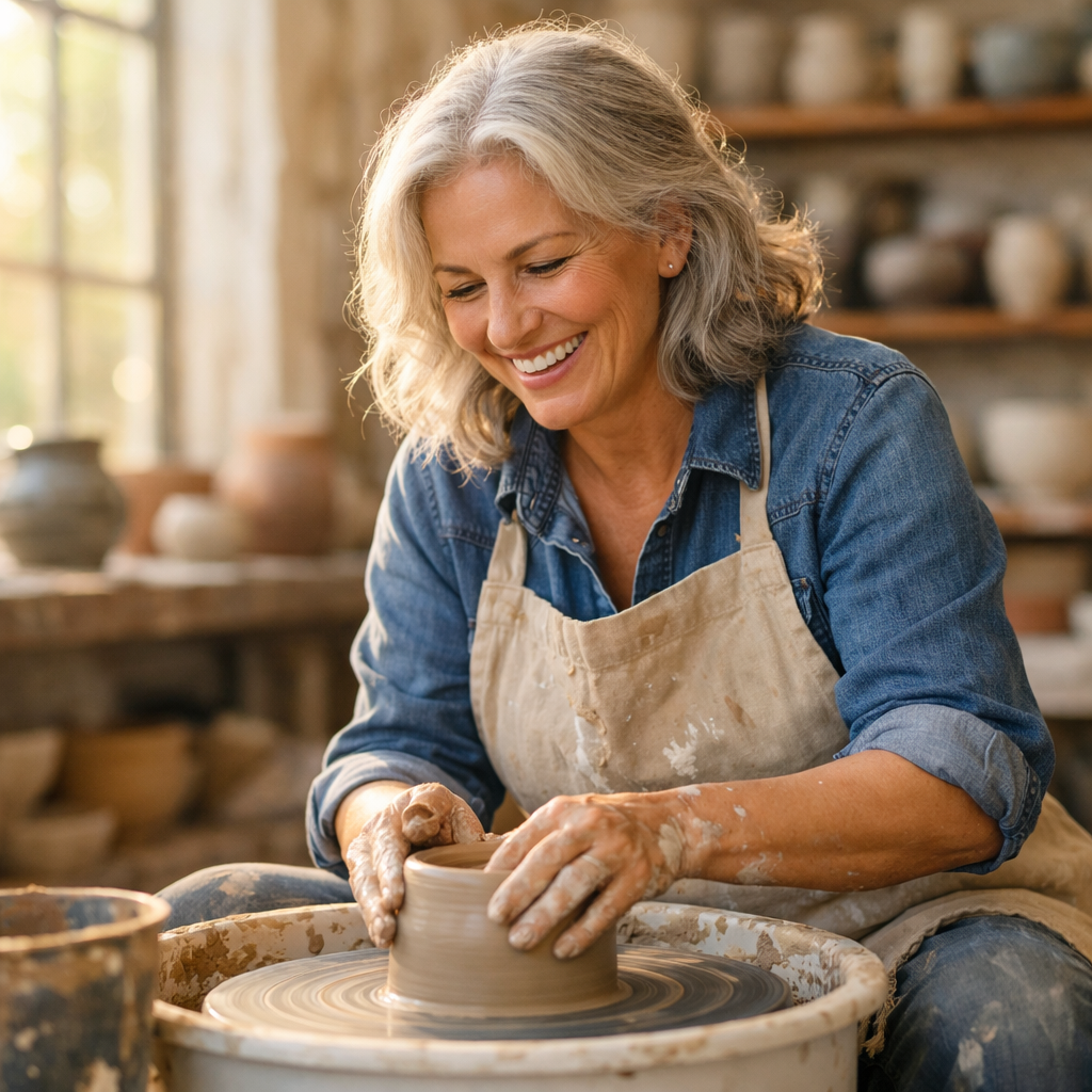 A vibrant photo of an energetic woman in her 50s with silver hair, sitting at a pottery wheel in a bright, sunlit studio, her hands shaping clay with a genuine smile of joy and concentration on her face, ceramic pieces displayed on shelves in the background, natural lighting streaming through large windows, shot with 50mm lens, shallow depth of field, warm and inviting atmosphere