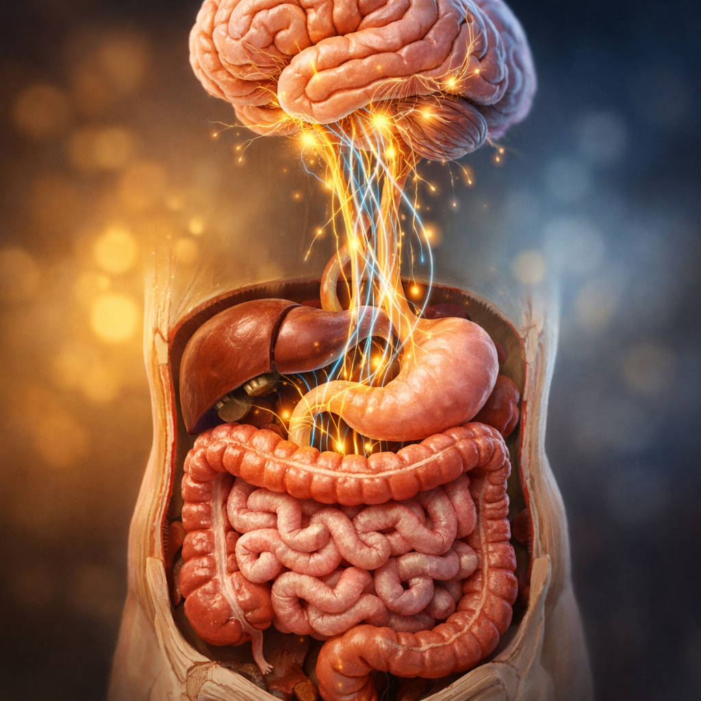 A detailed cross-section illustration showing the gut-brain connection, featuring the human digestive system with glowing neural pathways extending upward to connect with the brain, warm golden and blue lighting, scientific yet approachable style, soft focus background, shot with 85mm lens, shallow depth of field