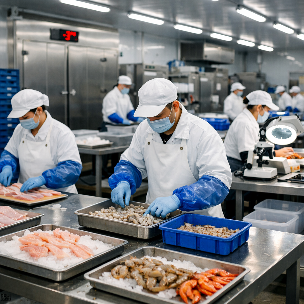 Modern Chinese seafood processing facility interior showing workers in clean uniforms processing fresh seafood on stainless steel tables, cold storage units visible in background, quality control stations with inspection equipment, bright fluorescent lighting, industrial food processing environment, shot with 35mm lens, f/2.8, professional commercial photography style, high detail