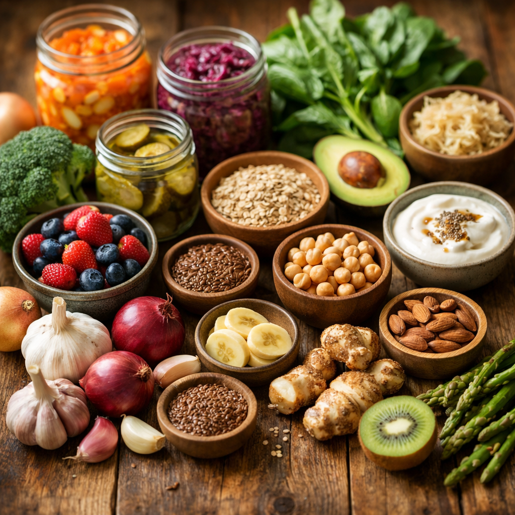 A vibrant overhead photo of a diverse array of gut-healthy foods arranged on a rustic wooden table, including colorful fermented vegetables in glass jars, fresh leafy greens, whole grains, berries, yogurt, and prebiotic-rich foods like garlic and onions, natural window lighting, shot with 50mm lens at f/2.8, warm tones, shallow depth of field, highly detailed food photography style