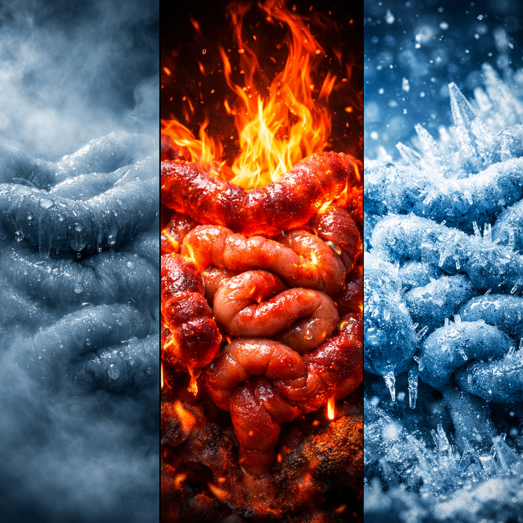 Three distinct digestive conditions visualized side by side: left showing heavy moisture with blue-gray foggy atmosphere, center showing red-orange flames representing heat and inflammation, right showing icy blue crystalline cold patterns, abstract medical visualization, photo style, dramatic lighting, high contrast, shot with macro lens, f/4, intricate details, professional medical photography aesthetic