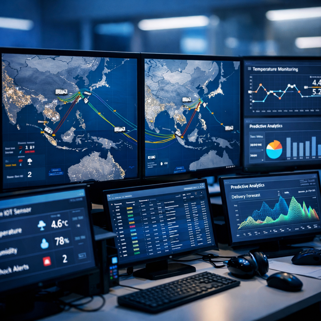 A sophisticated logistics control center dashboard showing real-time supply chain tracking, multiple monitors displaying digital maps with shipment routes across Asia Pacific, IoT sensor data streams, temperature monitoring graphs, predictive analytics visualizations, modern tech workspace with soft blue lighting, shot with 35mm lens, shallow depth of field, photo style