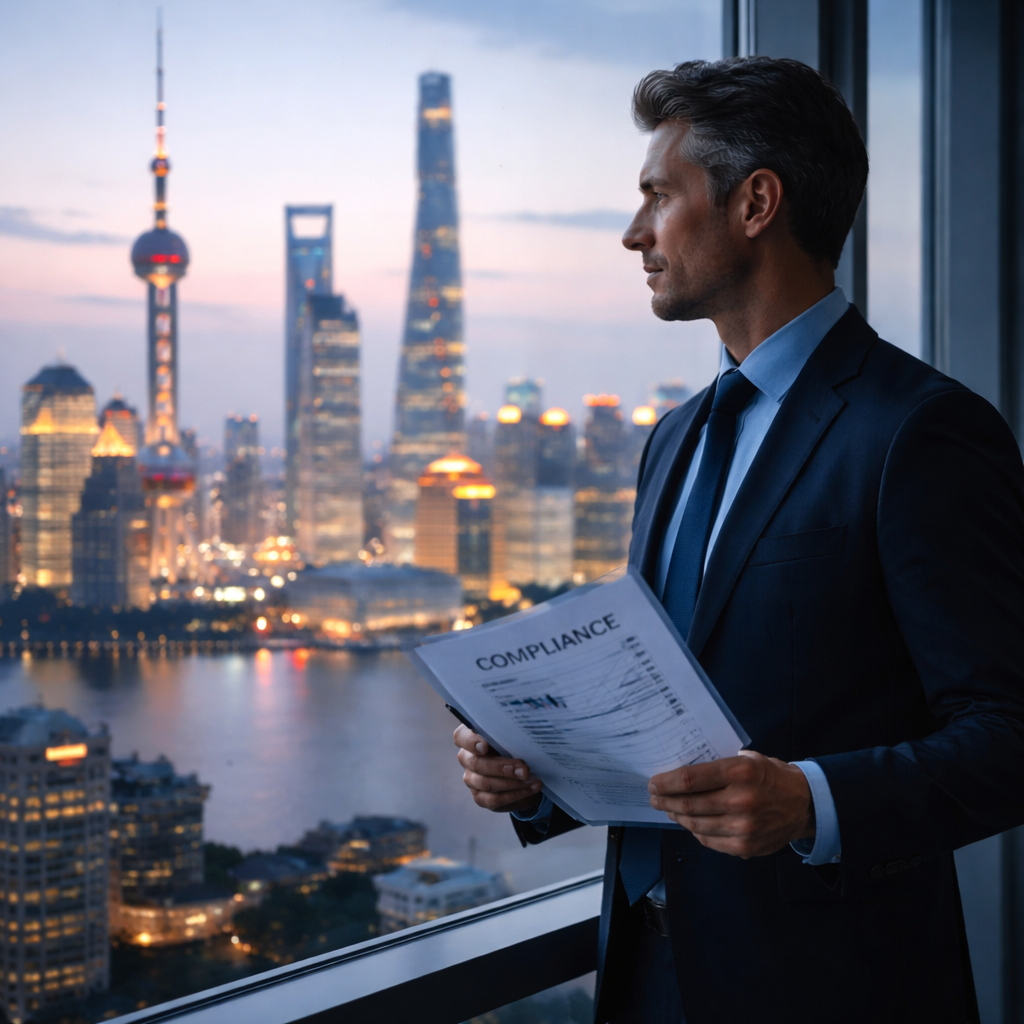 A professional business executive standing at a modern office window overlooking Shanghai's skyline at dusk, holding documents labeled with compliance terms, shot with 50mm lens, f/2.8, natural window lighting, sophisticated corporate atmosphere, photo style