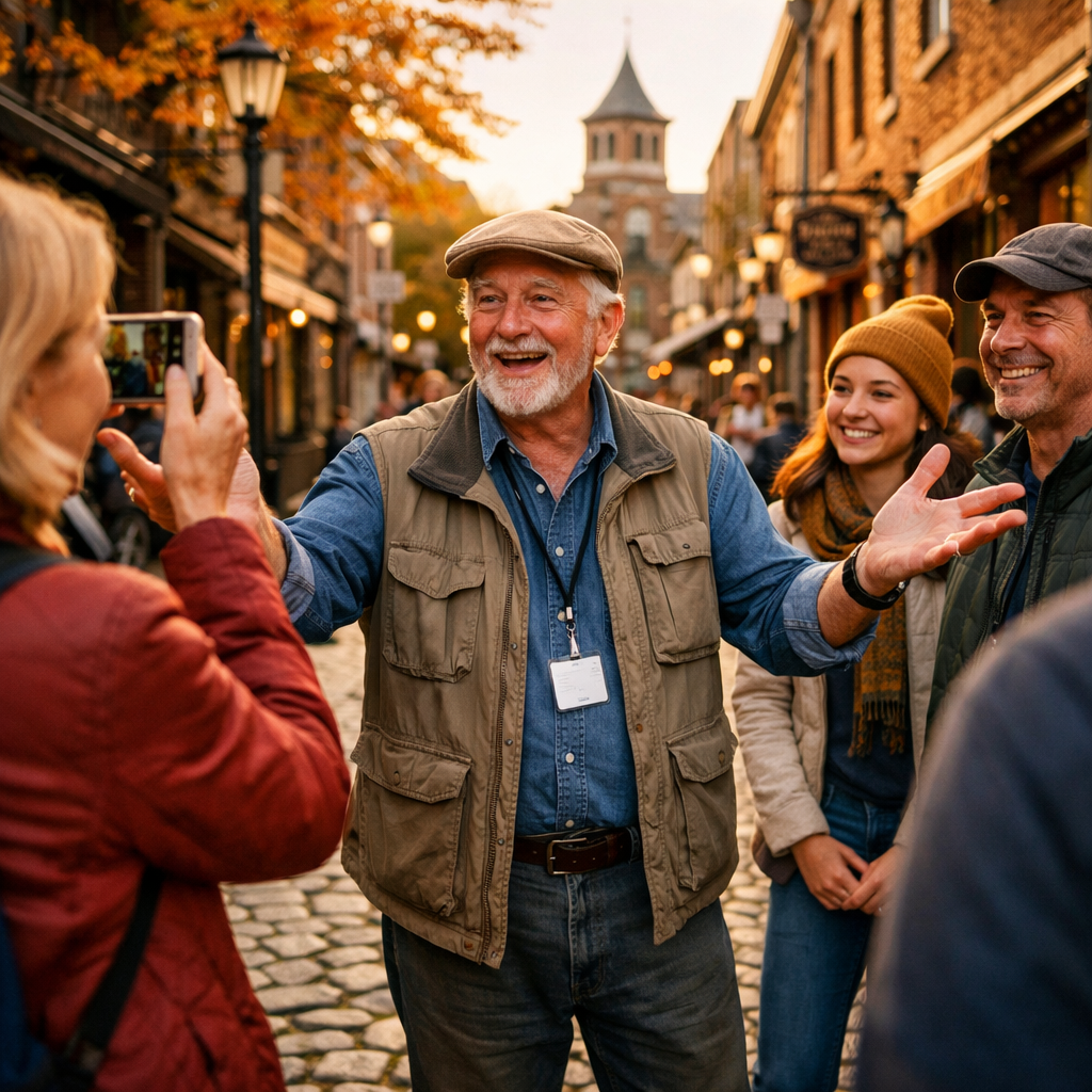 A happy retired man in his late 60s giving an engaging outdoor walking tour to a small group of tourists in a historic downtown area, golden hour lighting, autumn afternoon, he's gesturing enthusiastically while sharing stories, tourists are smiling and taking photos, cobblestone street with historic buildings in background, photo style, shot with 35mm wide-angle lens, natural lighting, high detail, DSLR camera