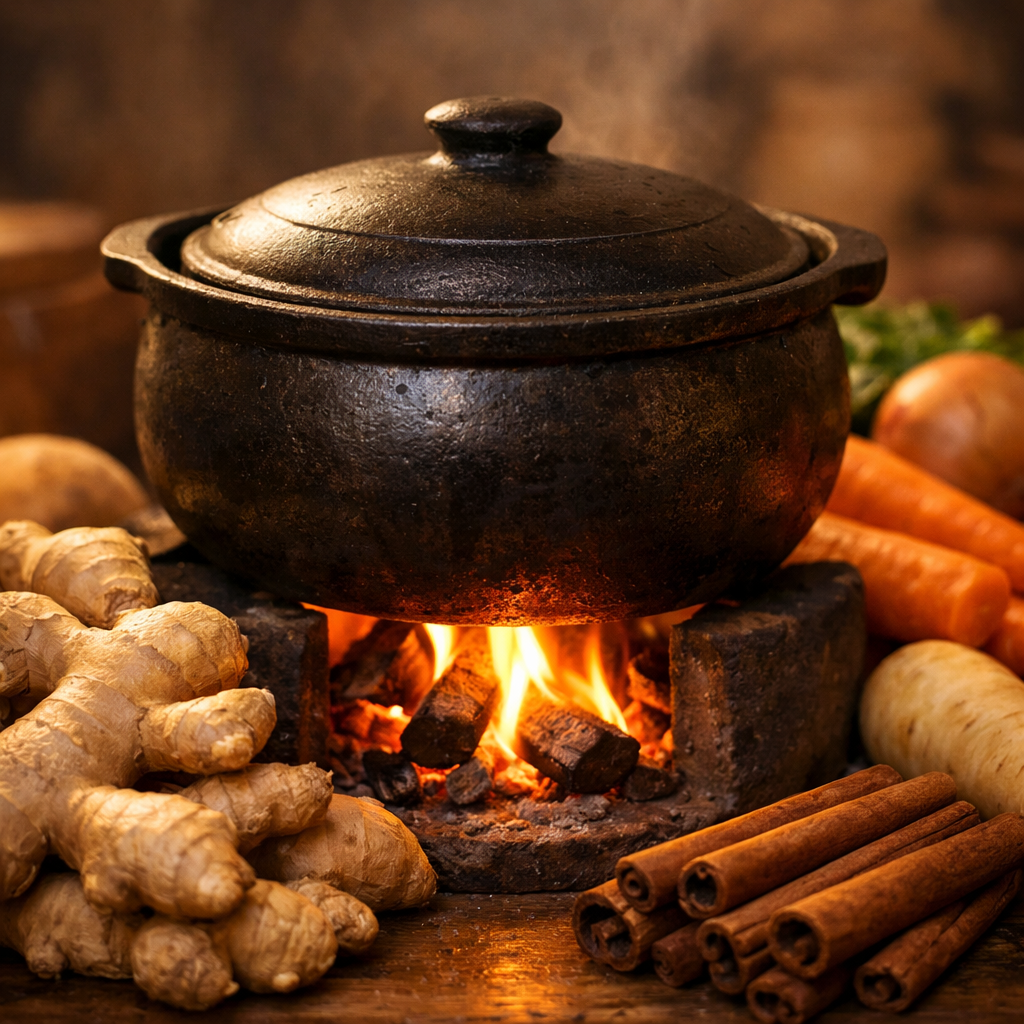 A serene composition showing a gentle flame or warm fire beneath a traditional cooking pot, surrounded by fresh ginger root, cinnamon sticks, and warm-toned vegetables like carrots and root vegetables. Soft, warm lighting creates a cozy atmosphere. The image symbolizes the concept of digestive fire in Traditional Chinese Medicine. Shot with 50mm lens, f/2.8, natural warm lighting, photo style