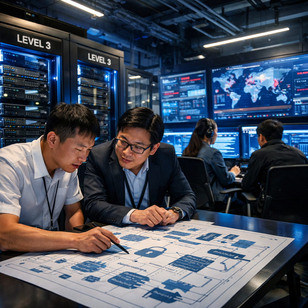 A sophisticated financial technology data center in China showing multi-level protection infrastructure with separated server racks labeled Level 3, network security monitoring stations with real-time threat displays, Japanese and Chinese IT professionals collaborating over encrypted data transmission architecture diagrams, modern industrial interior, blue accent lighting, high detail, photo style, shot with 35mm wide-angle lens, f/4, dramatic lighting