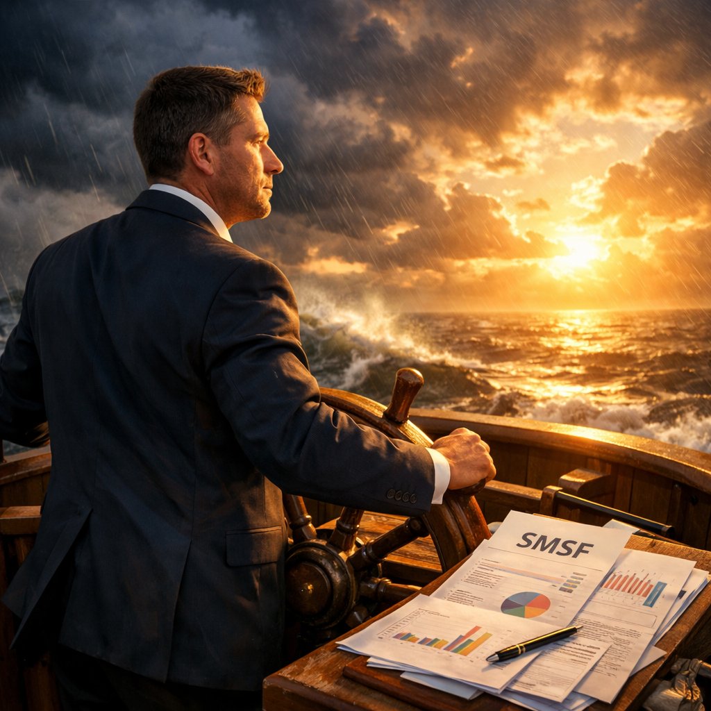 A professional financial advisor confidently navigating through a storm, standing at the helm of a ship with SMSF documents and charts, dramatic stormy sky clearing to reveal golden sunlight ahead, photo style, shot with 50mm lens, f/2.8, dramatic lighting with warm tones breaking through clouds, highly detailed, rule of thirds composition