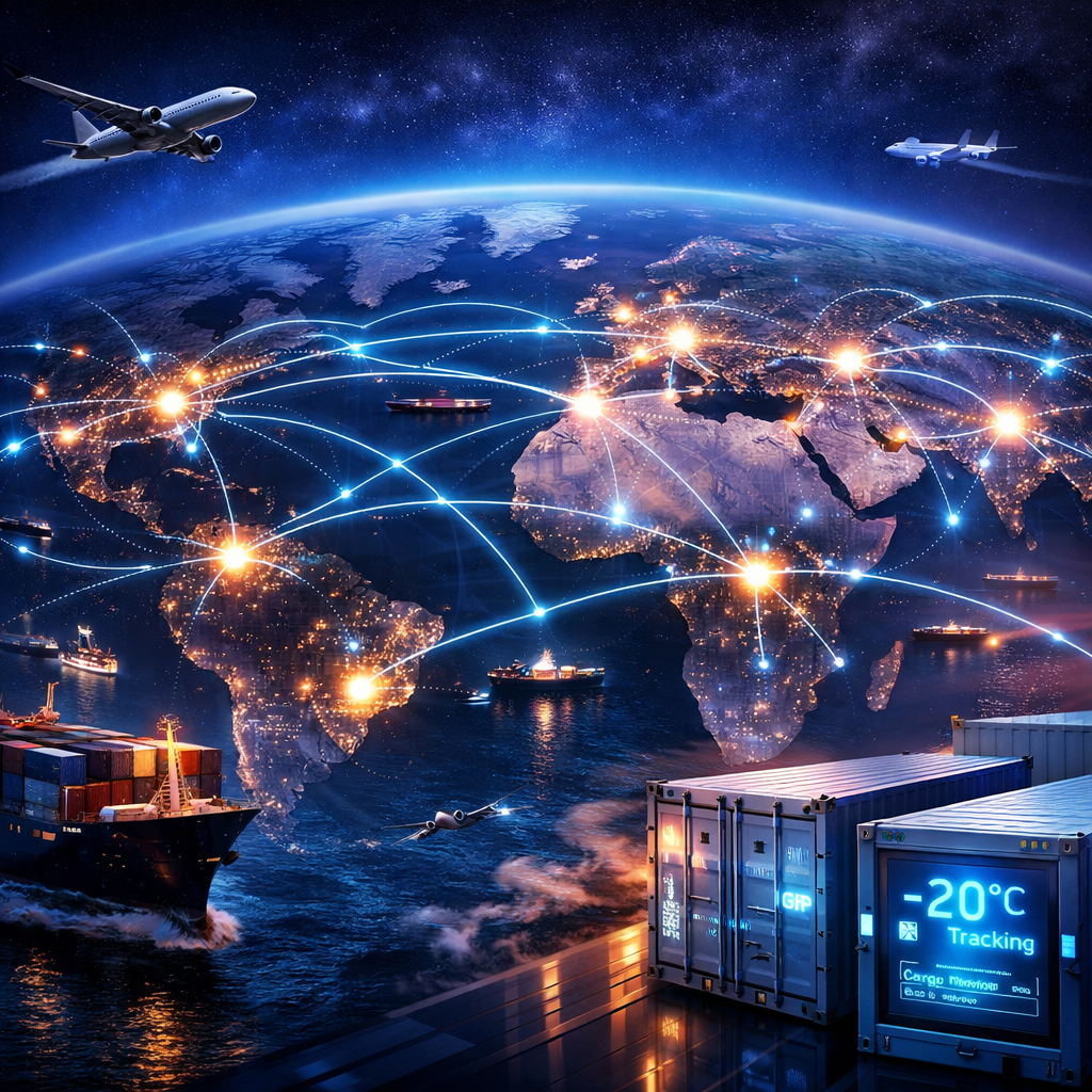 A sophisticated global logistics network visualization showing interconnected routes across continents, with glowing nodes representing major food distribution hubs, cargo ships and planes in transit, and temperature-controlled containers being tracked in real-time, shot with wide-angle lens, dramatic lighting with blue and purple tones, highly detailed, cinematic composition