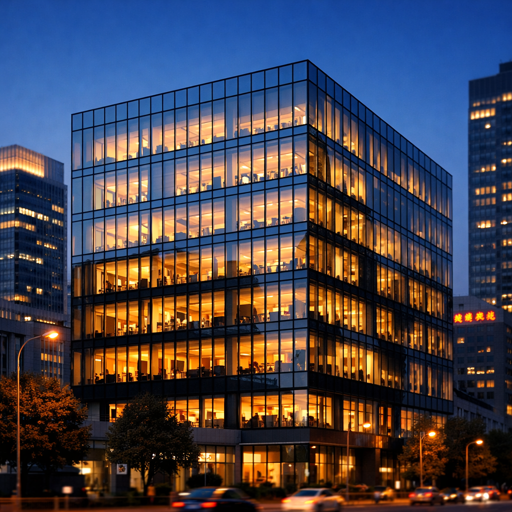 A modern glass office building in a Chinese business district at dusk, shot with 50mm lens at f/2.8, with warm interior lights contrasting against the cool blue hour sky, architectural photography style, high detail, professional composition