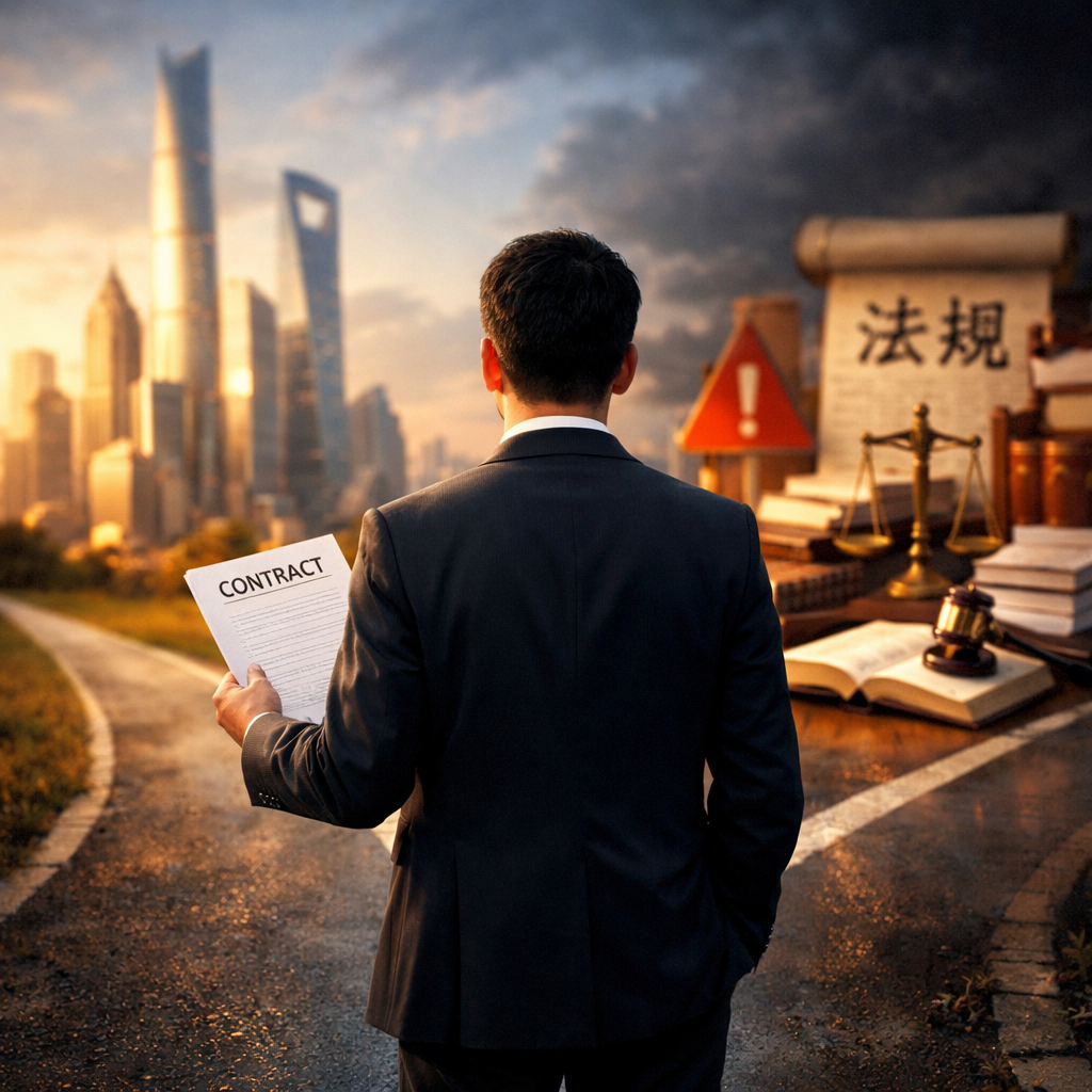 A professional businessperson standing at a crossroads in a modern Chinese cityscape, holding a contract document, with one path leading to gleaming skyscrapers and the other showing regulatory documents and legal symbols, dramatic lighting with a mix of opportunity and caution, shot with 50mm lens, f/2.8, shallow depth of field, cinematic composition