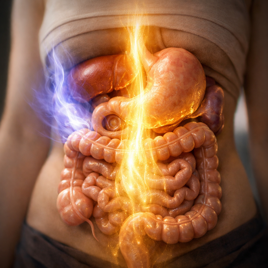 A serene anatomical illustration showing the human digestive system with glowing energy pathways, warm golden light flowing downward through the stomach area and soft blue-purple light ascending from the spleen region, ethereal qi energy streams flowing in opposite directions, photo style, soft lighting, peaceful atmosphere, shot with 50mm lens, f/2.8, highly detailed