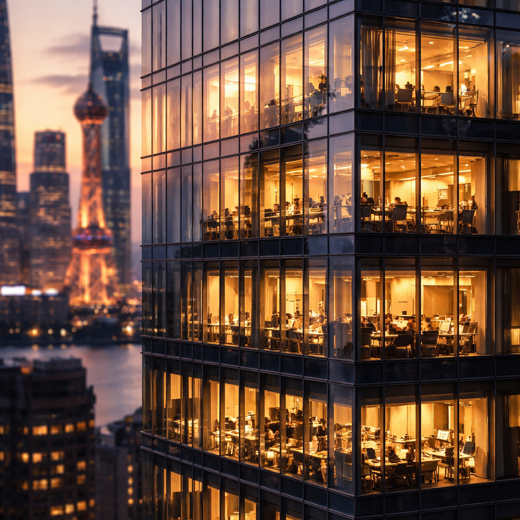 A modern glass office building in Shanghai's financial district at dusk, with warm interior lights glowing through large windows, photo style, shot with 50mm lens, f/2.8, golden hour lighting, architectural photography, DSLR camera, highly detailed, professional business atmosphere