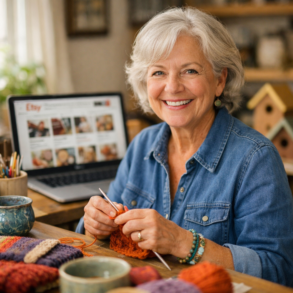 A cheerful senior woman in her 60s sitting at a cozy home workspace, surrounded by colorful handmade crafts including knitted scarves, pottery, and wooden birdhouses, natural window lighting, warm and inviting atmosphere, she's smiling while working on a craft project with a laptop showing an Etsy shop page visible in the background, photo style, shot with 50mm lens, f/2.8, shallow depth of field, Canon EOS R5