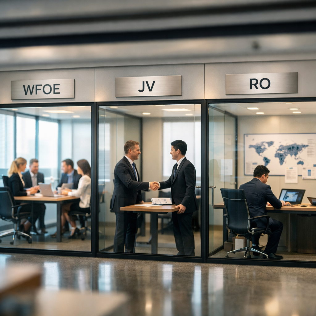 A modern professional office setting with three distinct glass conference rooms side by side, each labeled with minimalist metal signs. The first room shows a Western business team working collaboratively around a sleek table with laptops and documents, labeled 'WFOE'. The middle room displays two business people - one Western, one Asian - shaking hands over a partnership agreement, labeled 'JV'. The third room contains a single person at a desk with market research materials and a world map, labeled 'RO'. Shot with 50mm lens, f/2.8, natural lighting through floor-to-ceiling windows, clean corporate aesthetic, sharp focus on the three rooms with shallow depth of field, architectural photography style