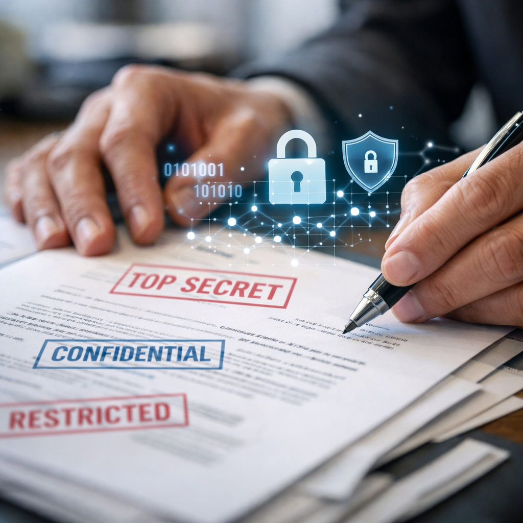 Close-up of hands reviewing documents with security classification stamps and digital data symbols floating above papers, photo style, shallow depth of field, shot with macro lens, natural office lighting, modern corporate setting, Canon EOS R5, highly detailed, professional business context