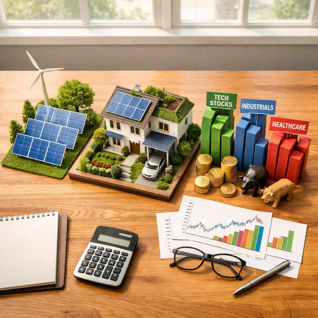 A balanced investment portfolio visualization featuring renewable energy solar panels, sustainable residential property with green features, and diverse company stocks displayed as physical elements arranged on a clean wooden desk, overhead aerial view, natural lighting from large windows, highly detailed, rule of thirds composition, shot with wide-angle lens, photo style