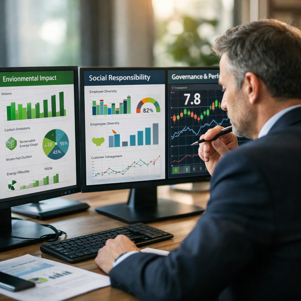 A professional portfolio manager analyzing ESG data on multiple screens, showing environmental metrics, social responsibility charts, and governance scores overlaid on financial performance graphs, modern office setting with natural lighting, shot with 50mm lens, f/2.8, shallow depth of field, photo style