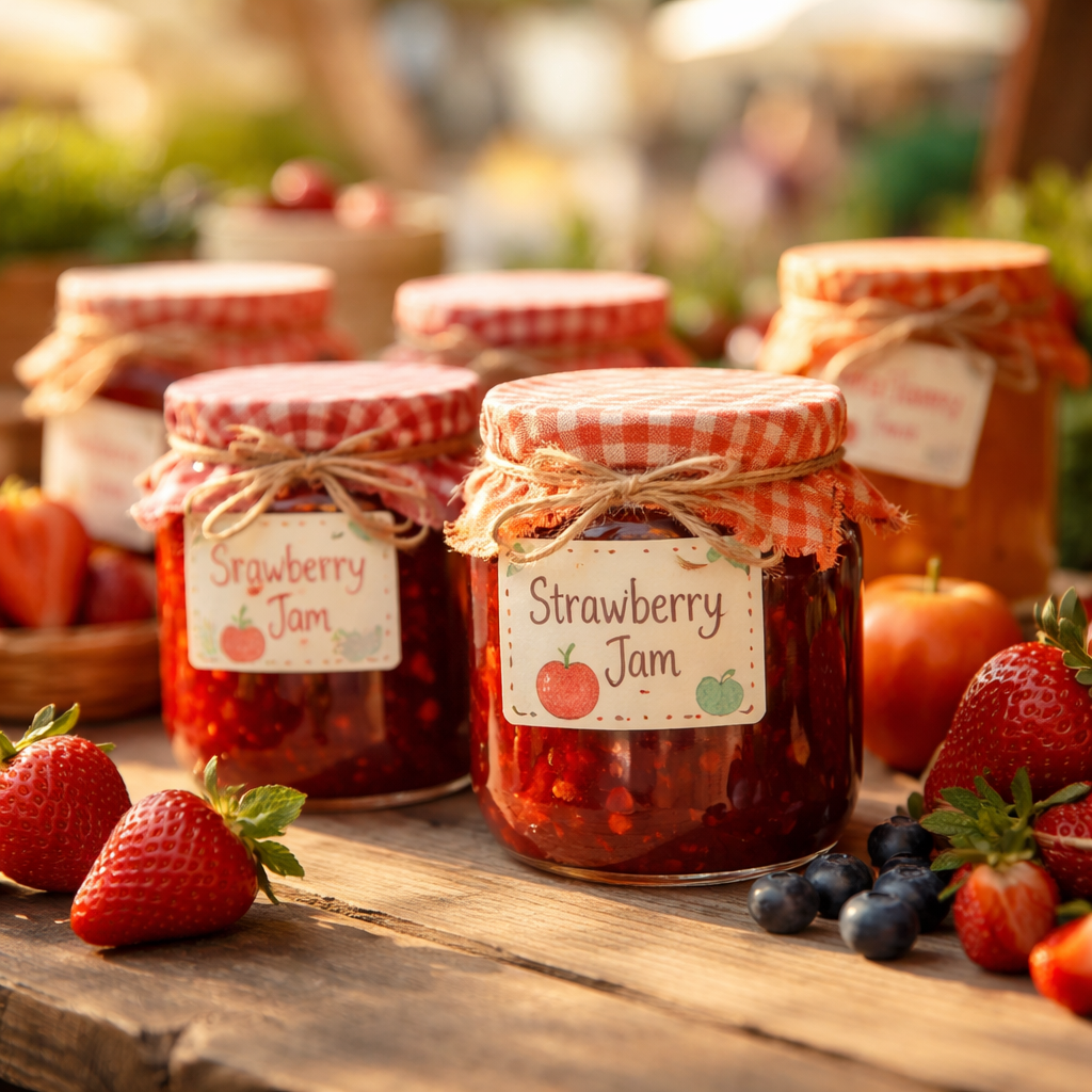A warm and inviting photo of homemade jam jars on a rustic wooden table at a sunny farmers market, with soft morning light, colorful handwritten labels, fresh strawberries nearby, shallow depth of field, shot with 50mm lens at f/2.8, natural lighting, photo style