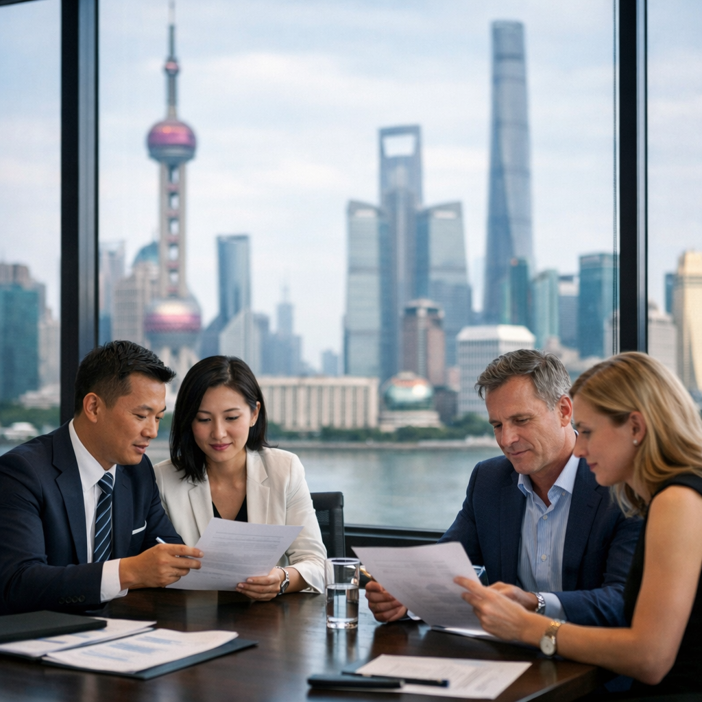 A modern glass-walled conference room in Shanghai, photo style, business professionals reviewing documents with Shanghai skyline visible through floor-to-ceiling windows, natural lighting, shot with 50mm lens, f/2.8, professional business photography, high detail, contemporary office environment