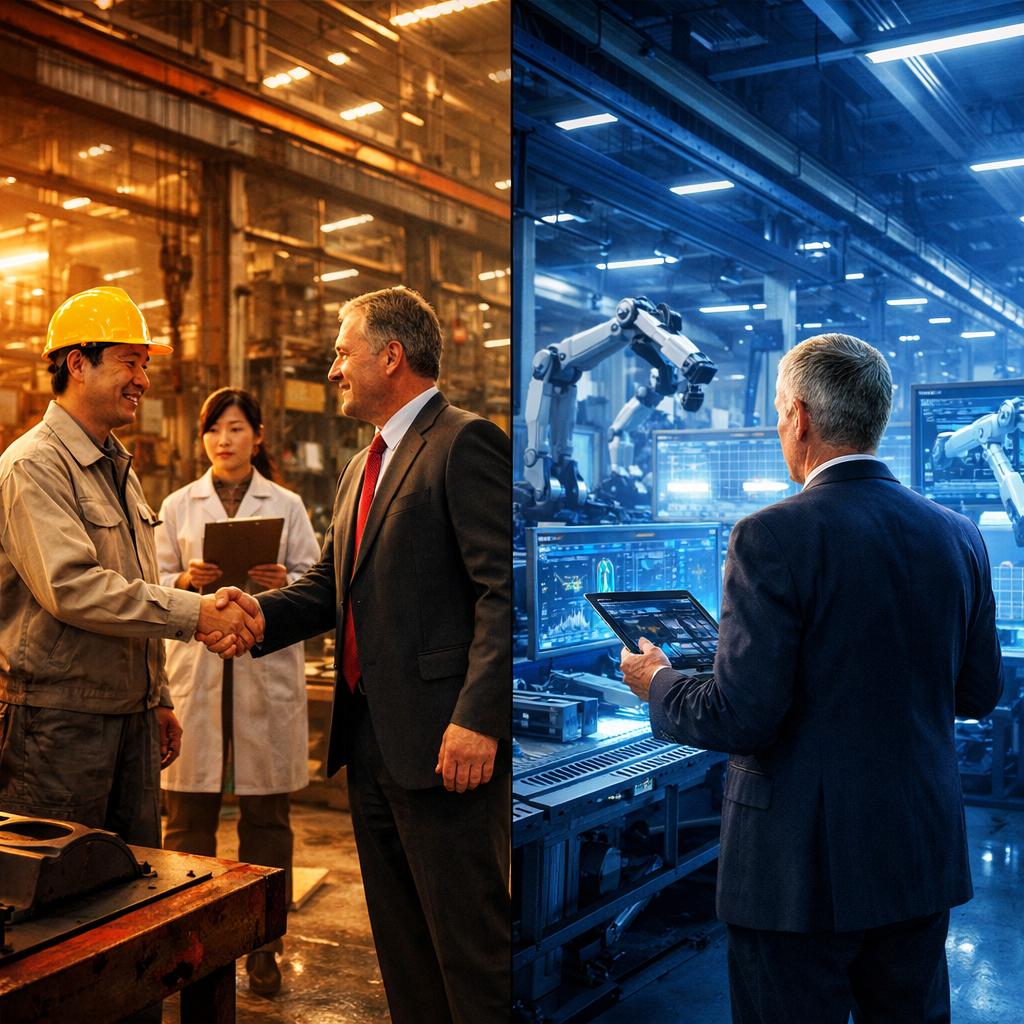 A split-screen composition showing a factory floor transforming from traditional manufacturing with Chinese-foreign partnership handshakes on the left to a modern automated facility with a single foreign investor reviewing holographic displays on the right, wide-angle lens, dramatic lighting with warm tones on left and cool blue tones on right, photo style, Canon EOS R5, rule of thirds composition, highly detailed industrial equipment