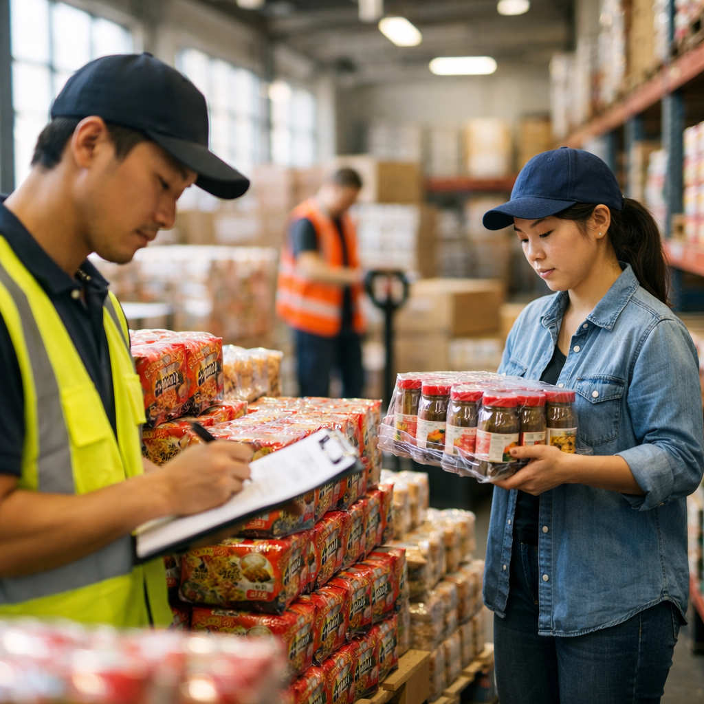 A modern Asian food distribution warehouse with workers managing inventory of packaged Asian food products, shot with 50mm lens, f/2.8, natural lighting streaming through large windows, highly detailed, photo style, shallow depth of field, professional DSLR camera, clean industrial environment