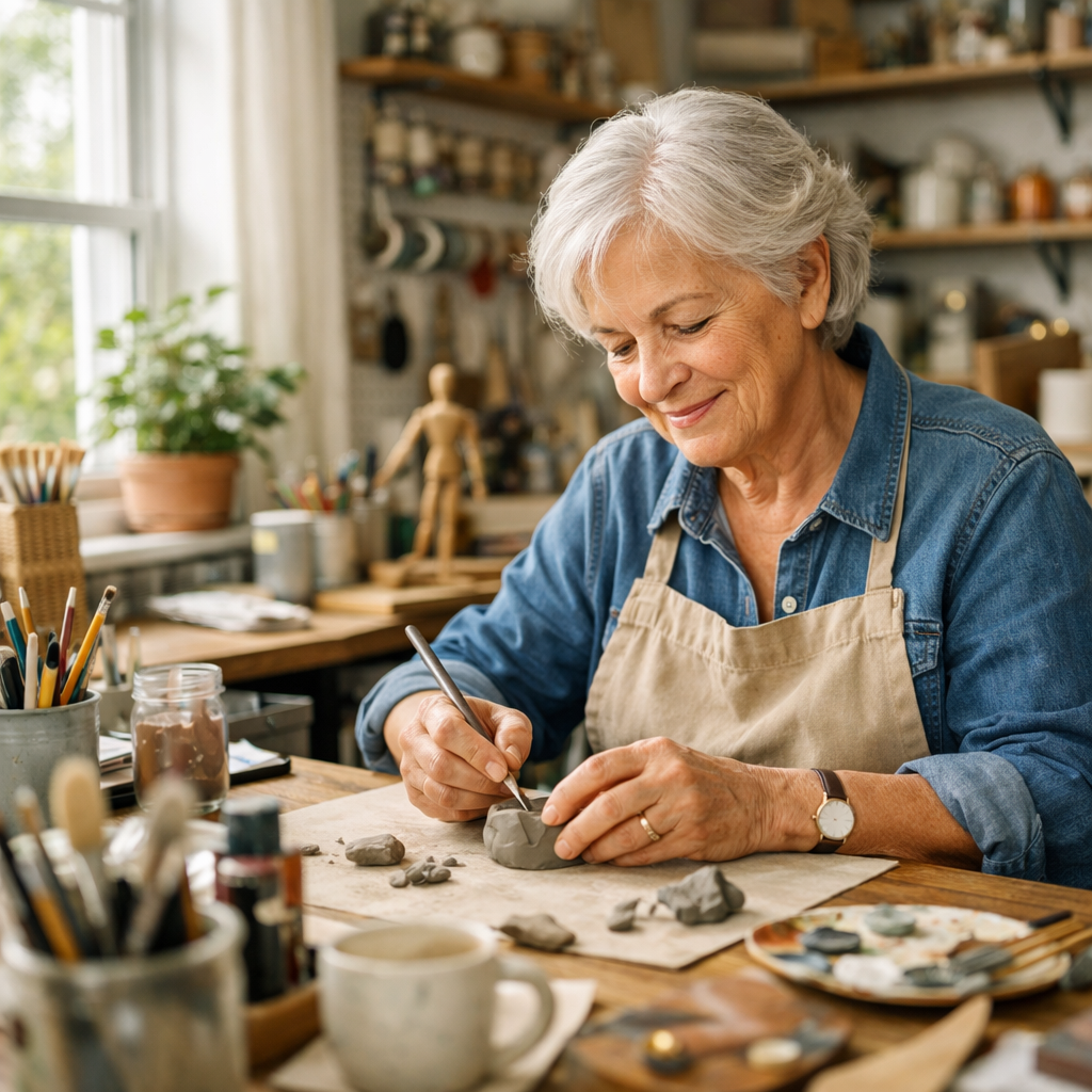 An active senior adult working contentedly in a bright, organized studio space, surrounded by their creative projects and tools, natural window light streaming in, peaceful expression of focus and joy, photo style, Canon EOS R5, 35mm lens, f/4, soft diffused lighting, high detail, comfortable and purposeful environment