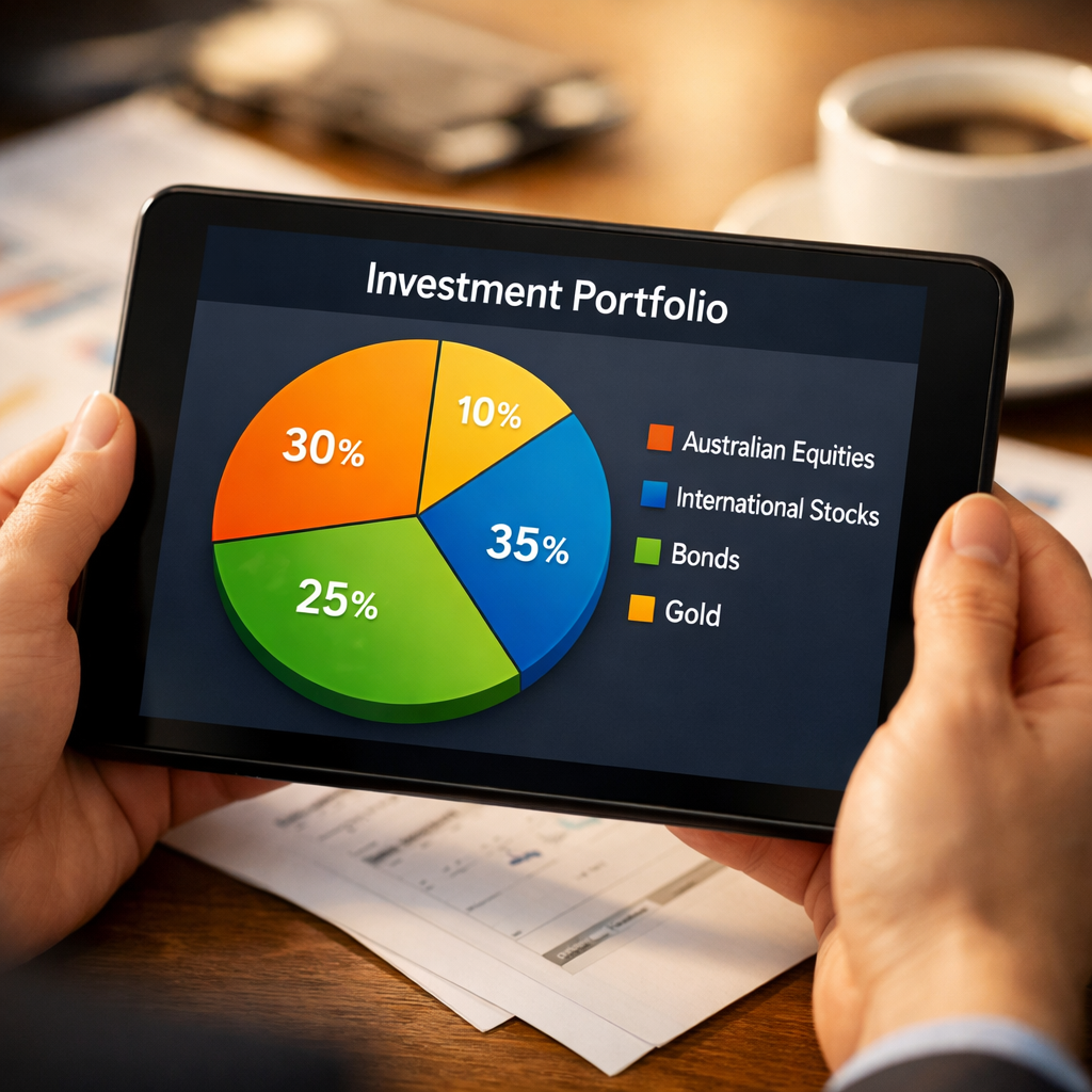 Close-up view of a diverse investment portfolio pie chart on a tablet screen held by hands, showing colorful segments representing different ETF allocations including Australian equities, international stocks, bonds and gold, modern office desk with financial documents and coffee cup in soft focus background, warm natural lighting, photo style, shot with 50mm lens, f/2.0, professional business photography
