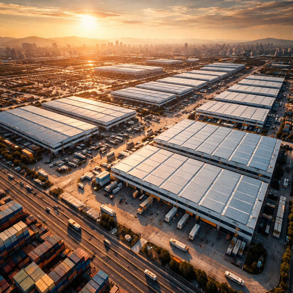 Aerial view of a modern Chinese manufacturing facility and logistics center, photo style, expansive industrial complex with organized warehouse sections and transportation infrastructure, golden hour lighting, shot with wide-angle lens, high contrast, detailed industrial architecture, drone photography perspective, vast scale showing China's manufacturing capabilities