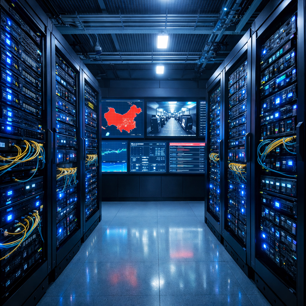 Photo of a secure data center server room in China, showing rows of server racks with blue LED indicators, fiber optic cables, and digital security monitoring displays on the wall, captured with wide-angle lens, dramatic lighting with cool blue tones, high-tech atmosphere, shot with Canon EOS R5, f/4, sharp focus on servers