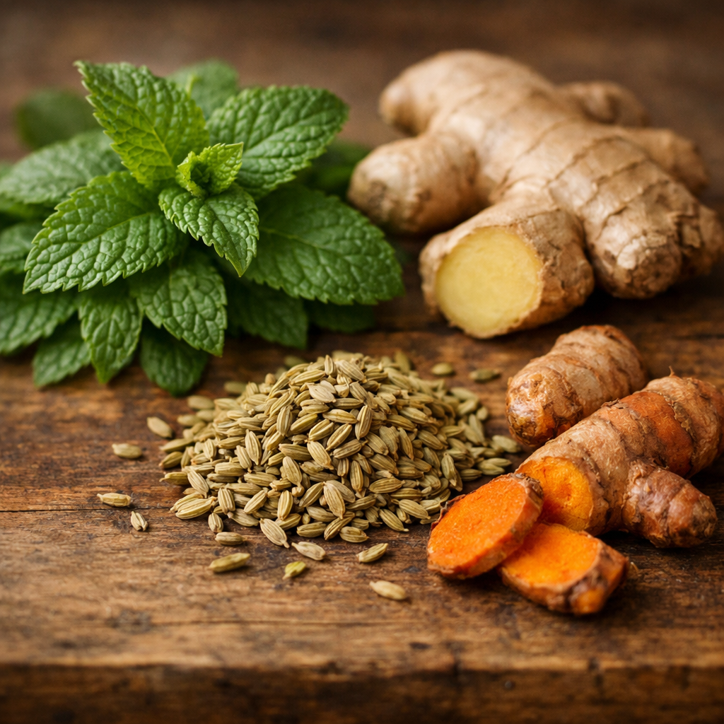 A serene composition showing fresh peppermint leaves, ginger root, fennel seeds, and turmeric root arranged on a rustic wooden surface with soft natural lighting, shot with 50mm lens at f/2.8, shallow depth of field, warm tones, highly detailed botanical photography style