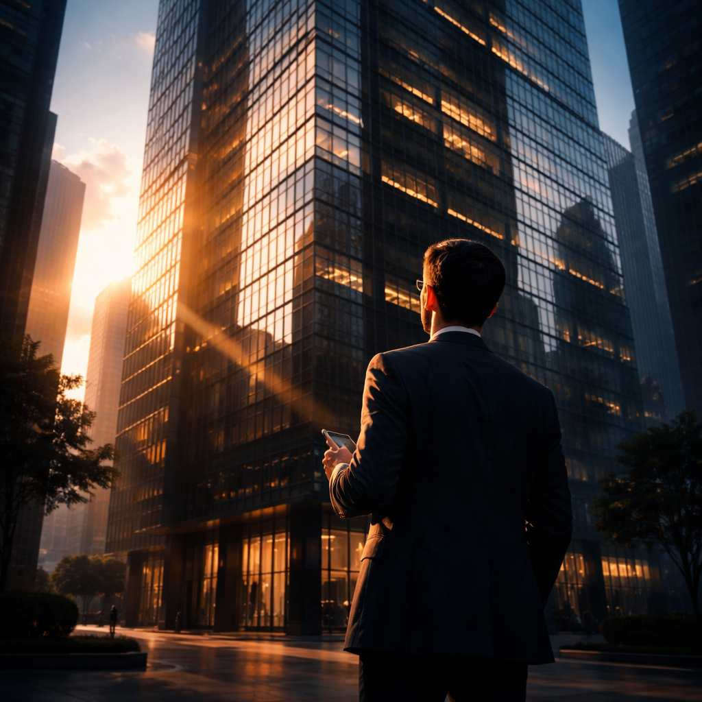 A dramatic photo of a modern glass office building in China at dawn, with the first rays of sunlight creating strong shadows across its facade. In the foreground, a businessman in a dark suit stands looking up at the building, holding a mobile phone, shot with 35mm lens, f/2.8, shallow depth of field, cinematic lighting, photo style